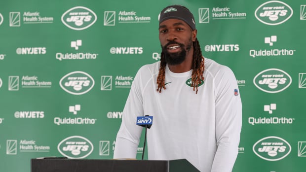 LB C.J. Mosley at the podium on training camp report day July 19